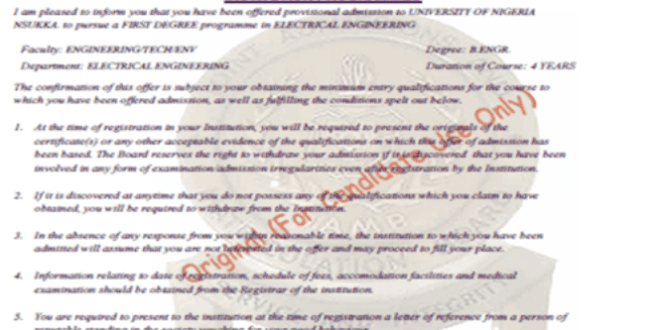 Sample of JAMB Admission Letter