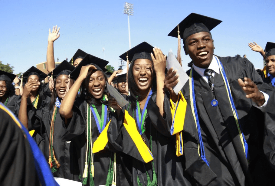 Successful University students celebrating in matric gown