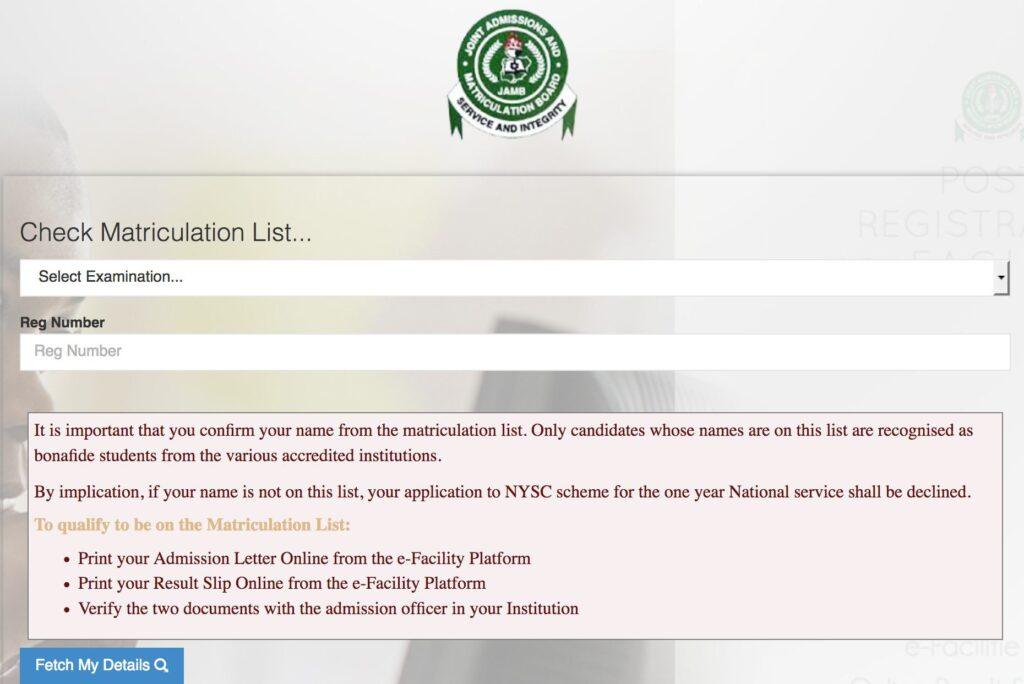 JAMB Matriculation List Portal How to Check Your Name