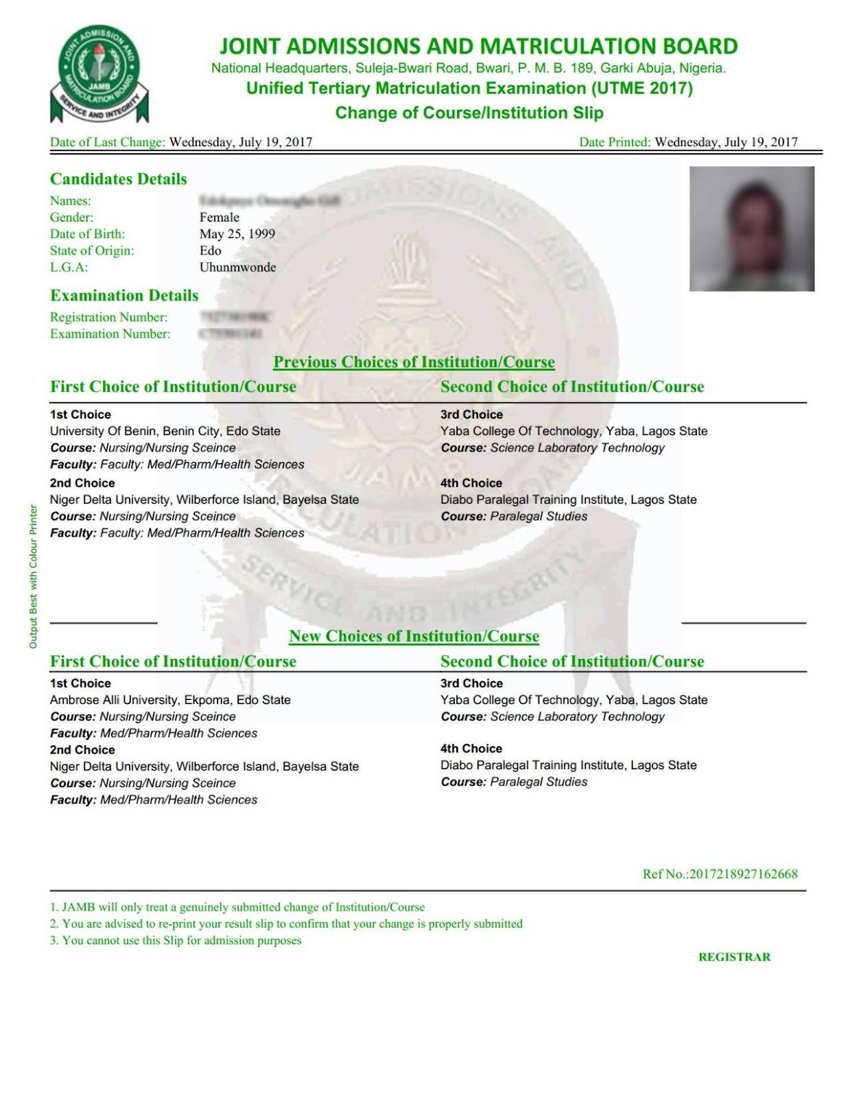 Jamb change of course form print out