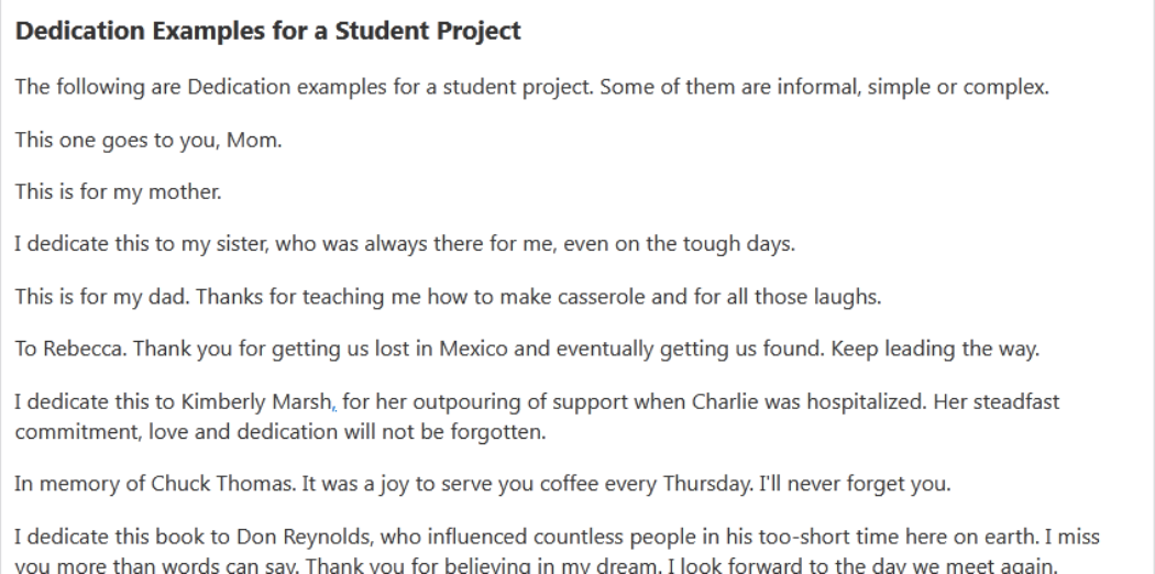 Dedication Examples for a Student Project