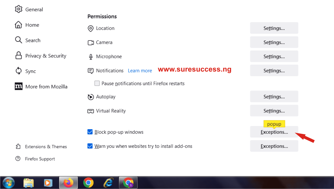 how to allow popup for jamb site