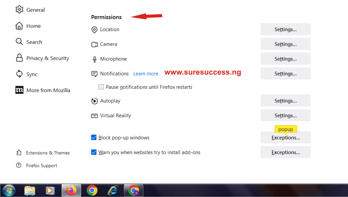 how to allow popup for jamb site